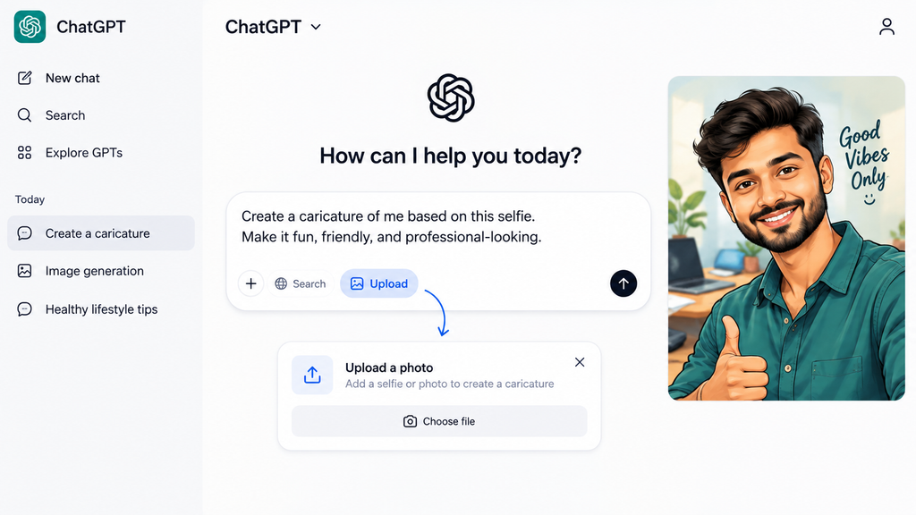 Create a caricature with the ChatGPT prompt box and selfie upload option.