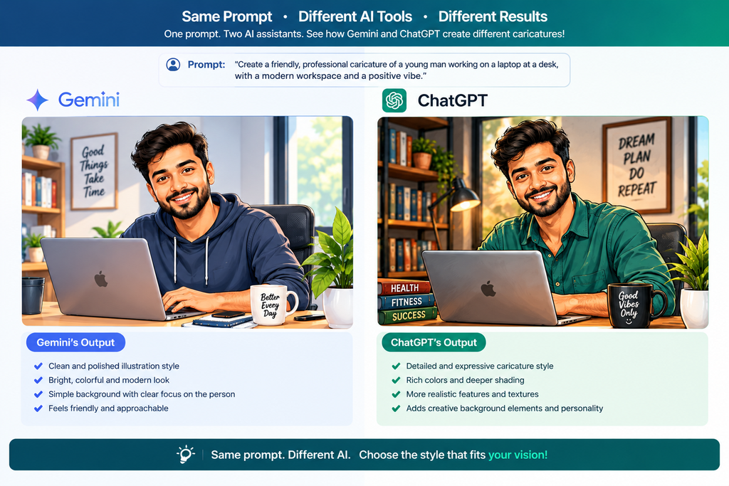 Compare AI caricature tools with the same prompt
