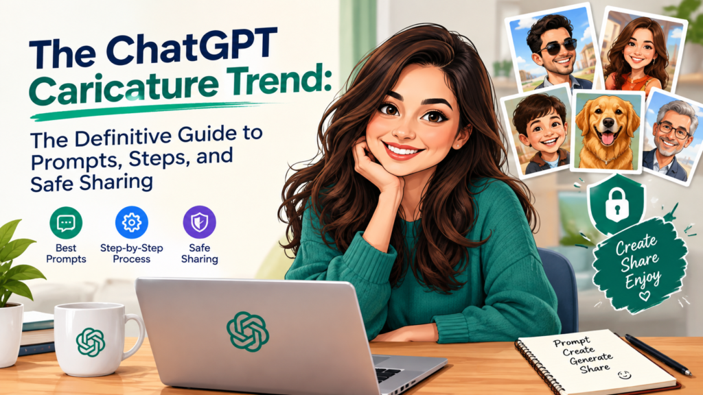 ChatGPT caricature trend guide featuring AI-generated cartoon portraits and safe sharing tips
